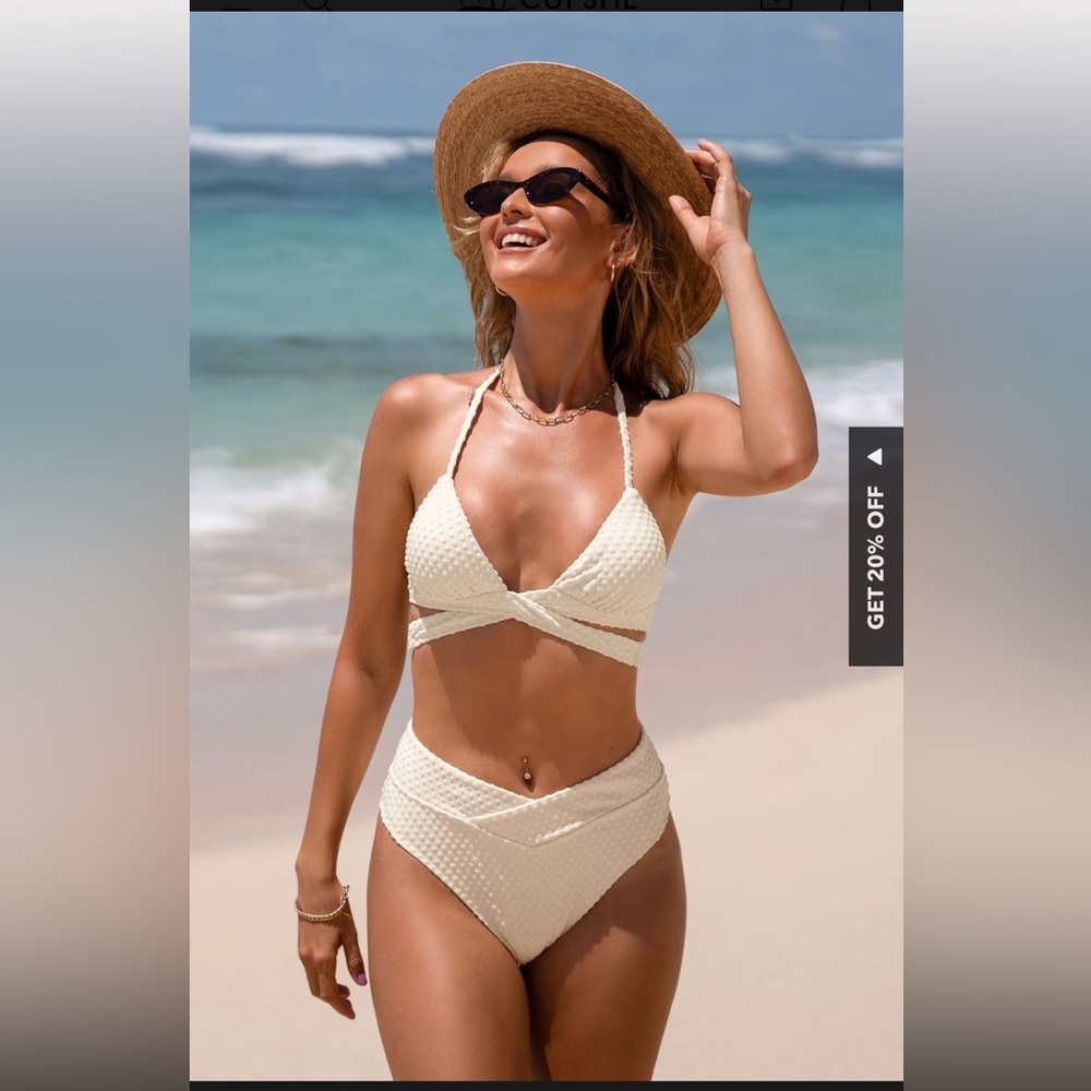 Dot texture wrapped halter & V front high rise bikini set cream womens large